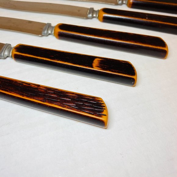 Set of 6 Vintage Bakelite Knives 1960s Faux Wood Handles - Picture 2 of 7